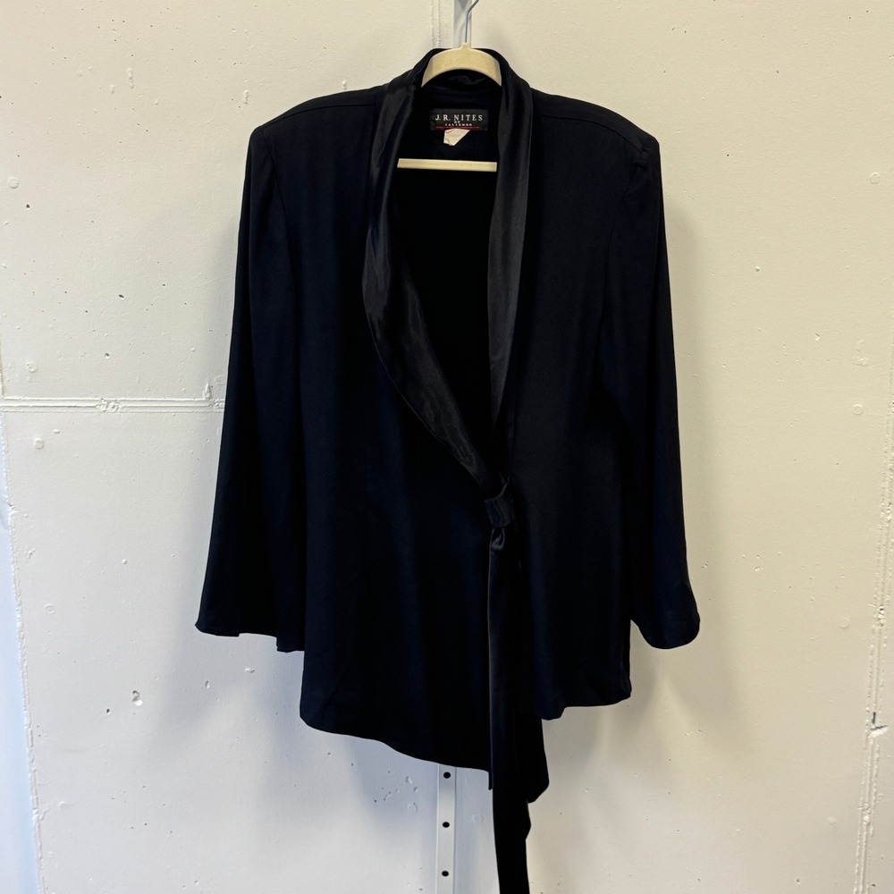 Vintage J.R. Nites by Caliendo Black Evening Jacket Satin‎ Shawl Collar Side Tie